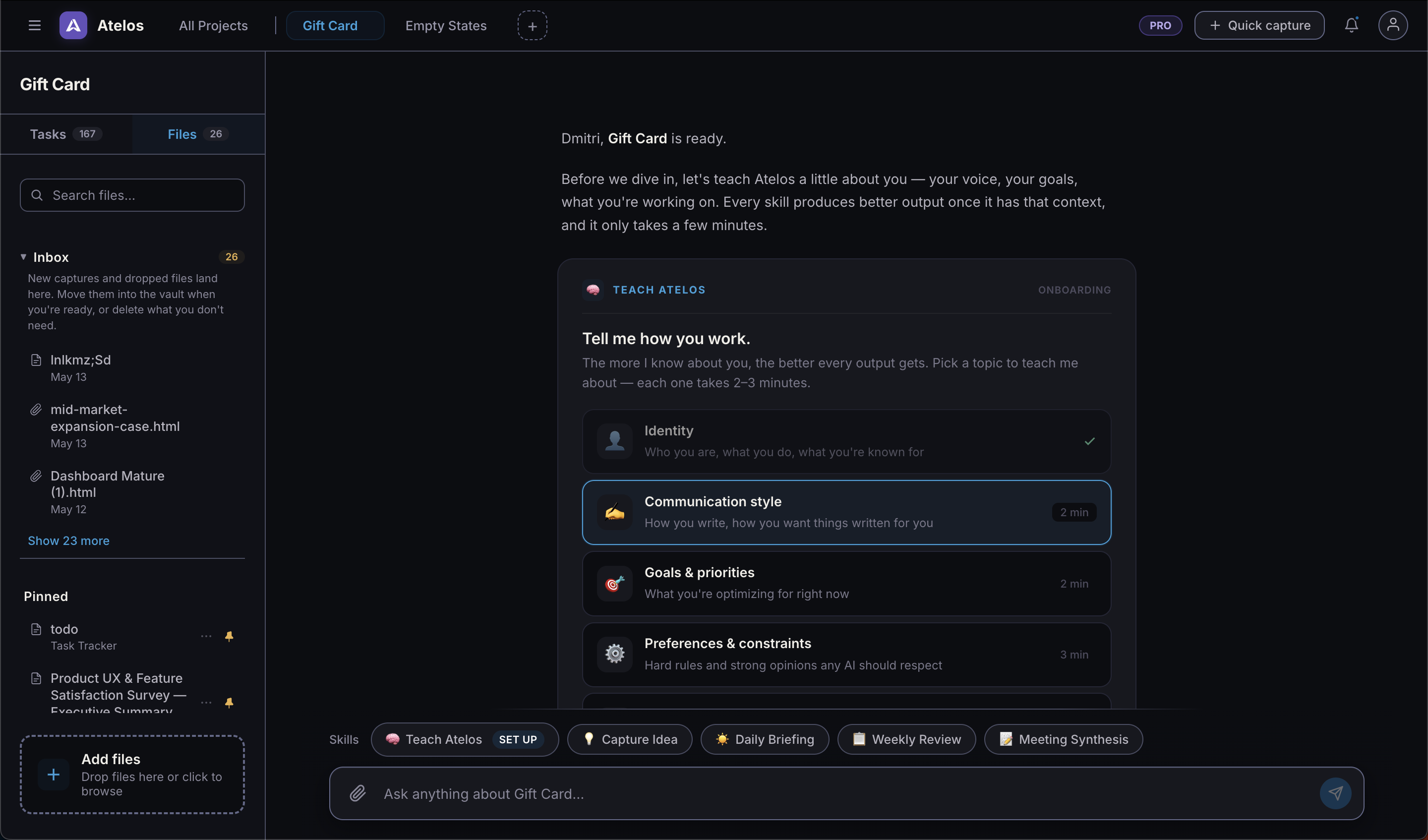 Atelos chat onboarding — Teach Atelos card with Identity, Communication style, Goals & priorities, Preferences & constraints
