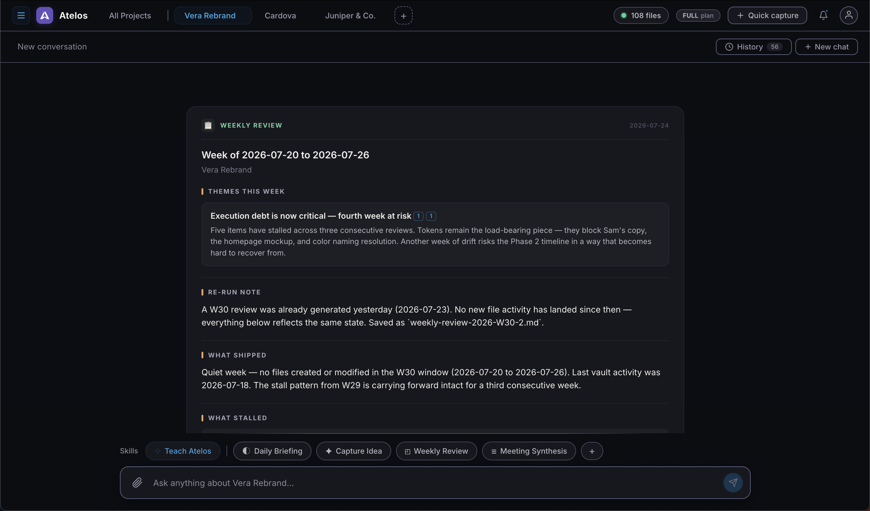 Atelos Weekly Review: 'Execution debt is now critical': the same five items stalled across three consecutive weekly reviews, with the load-bearing blocker named